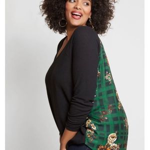 Modcloth Adored Elements Twofer Plaid Rose Printed Pullover Blouse